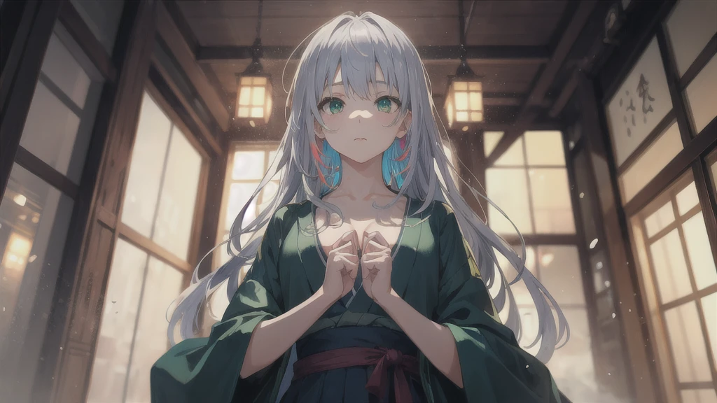 Japan, High resolution, Highest quality, figure,  Super detailed, (Detailed face), (Fine grain), Soft lighting, Highest quality, Faint glow, Dreamy atmosphere、The expression is calm、Super detailed, masterpiece, One girl, alone, Long, silver hair, Green Eyes, Nude Model, Glowing Eyes, Medium chest, (colorful), From below, indoor、Glamour、17-year-old girl、The body is not thin、Calm expression