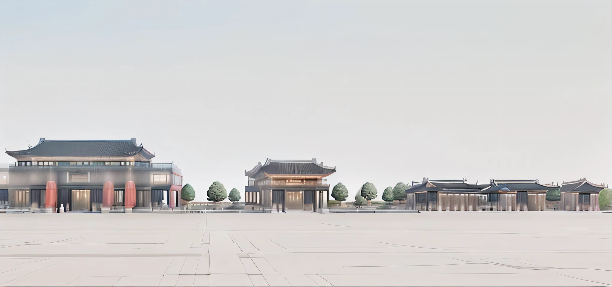 Highest quality,Chinese Ink Painting,antiquity,Urban antiquity architecture,Rectangular architecture,People view,Glass facades,Clean sky,Clean glass,Trees,Soft sunlight,Decorative Arts,Sloped roof,Best quality,Architectural Photography,Photorealism,Hyperrealism,Ultra Detailed,V-ray,(architectural design)