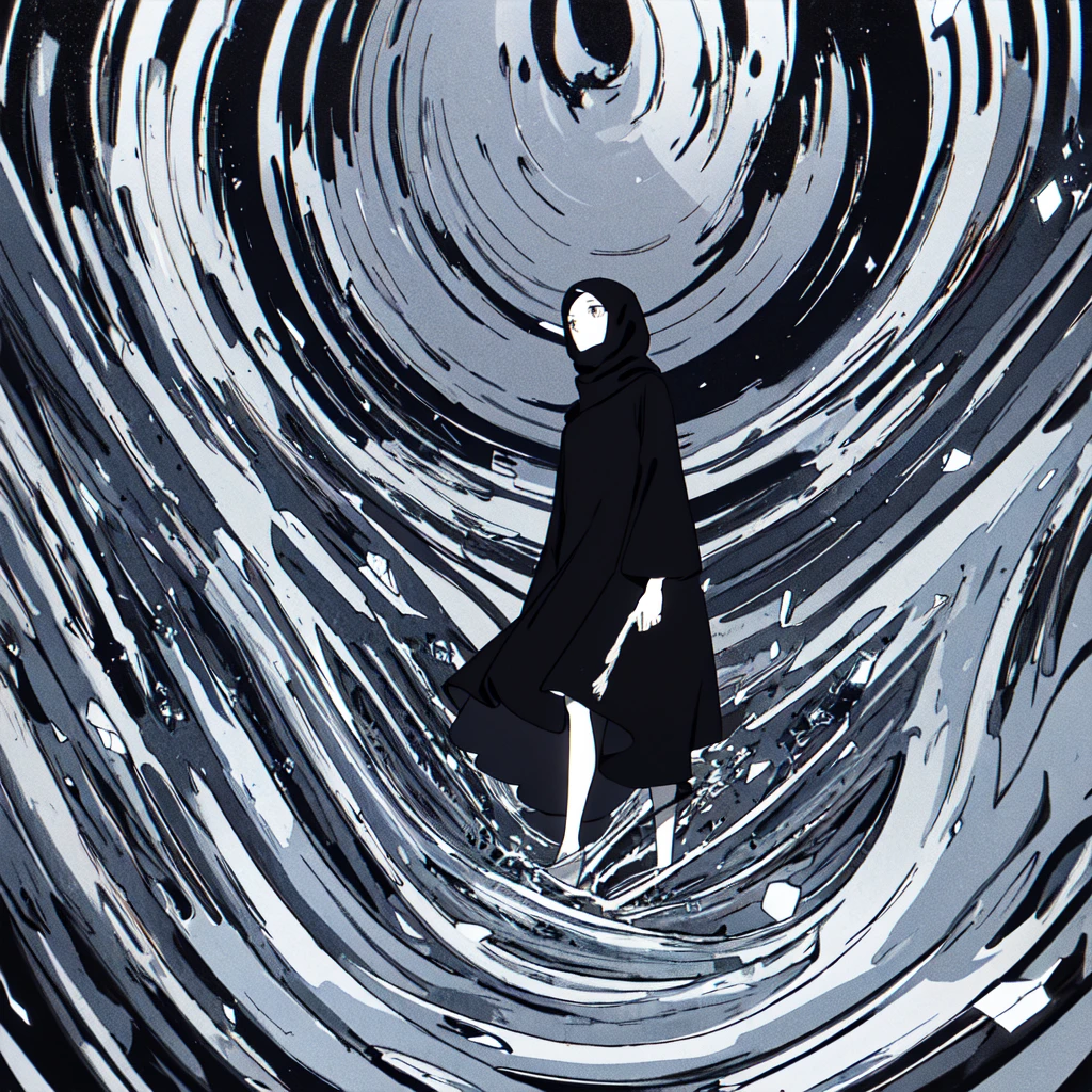 Surrealist painting,16 kg,Maximum detail,Soft texture,Deep shadows,dark,Sharp lines,((a Beautiful, A young woman feels the passage of time)),sad colors. Beautiful. hasty. Mysterious random Kazakhstan. sad. turn around. (To merge:1.2). Cracked. (whirlpool:1.2). (Shiny eyes:1.2). abstract background. (Full body), Hijab and long dress, Black flowers, highly detailed, very clear