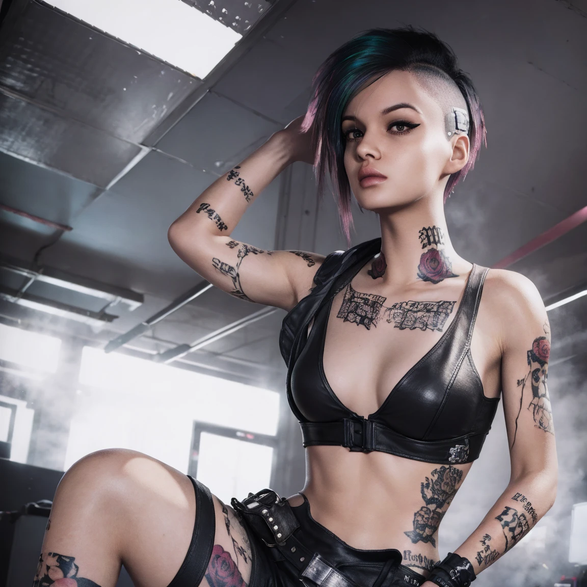 1girls, hyper realistic eyes,female,female only,punk,punk busty female ,tattoo,tattoos,thick lips,two tone hair