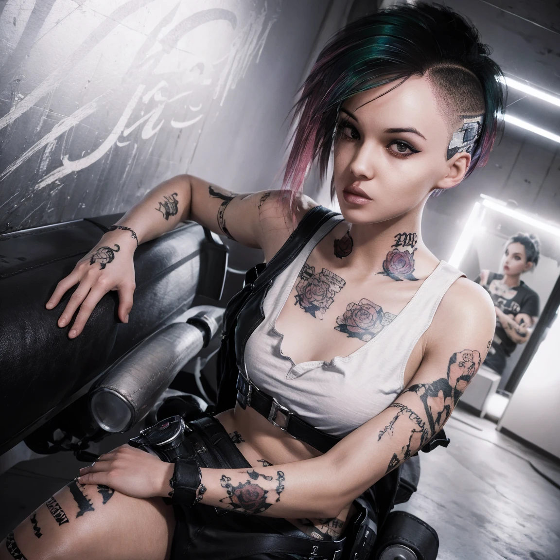 1girls, hyper realistic eyes,female,female only,punk,punk busty female ,tattoo,tattoos,thick lips,two tone hair