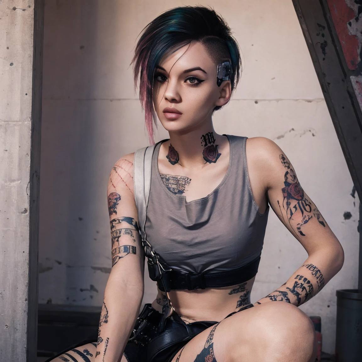 1girls, hyper realistic eyes,female,female only,punk,punk busty female ,tattoo,tattoos,thick lips,two tone hair