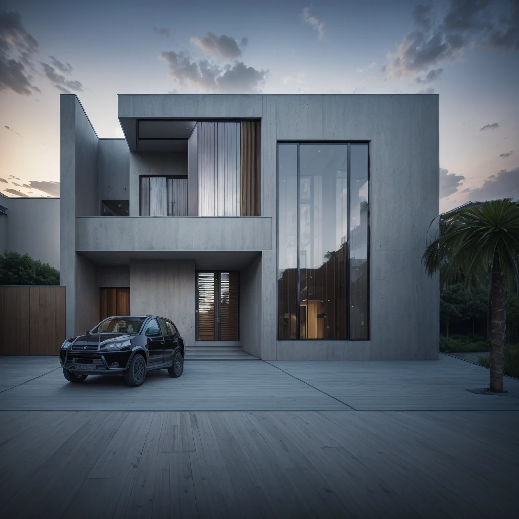 photorealistic,modern house,facade,modern,512k,high detailed,phot real, award winning, large glass window on the right side, wooden planks stacks on the upper floor on the left side, grass,plants,trees,evening,interior lights,((Mughal architecture façade))