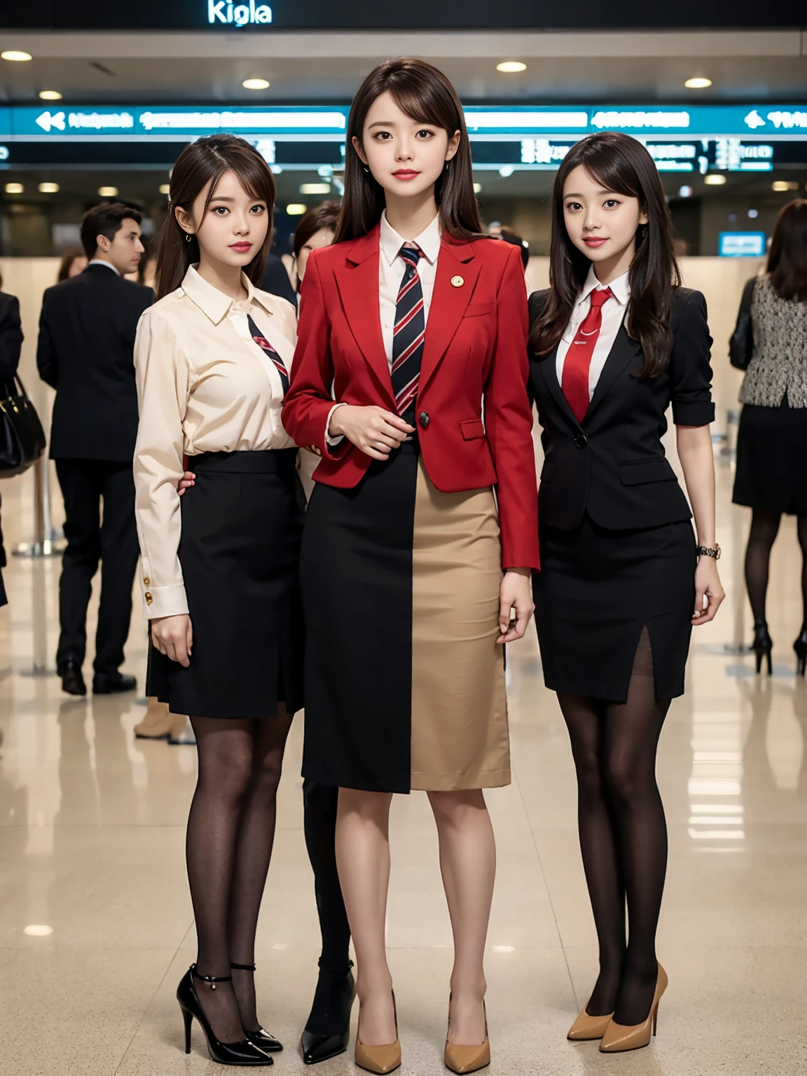 {{Mature Woman, White people}}, View your viewers, Hazel Eyes, Very detailed, Medium chest, Brown Hair, airport, 1 flight attendant, uniform, A nice red blazer, Red nice tie, Beige Skirt, Midi Skirt, Pencil Skirt,Matte black pantyhose、 Red nice high heels, Happy, 最high quality, high quality, Very detailed anime screencap, {{{{Crowded, Multiple Girls, Thousands of sisters, Millions of sisters,Billions of Sisters, clone, Doppelganger, Matching outfits, Matching hairstyle}}}}, whole body