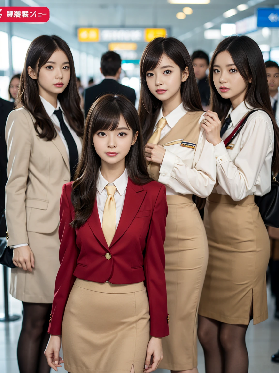 {{Mature Woman, White people}}, View your viewers, Hazel Eyes, Very detailed, Medium chest, Brown Hair, airport, 1 flight attendant, uniform, A nice red blazer, Red nice tie, Beige Skirt, Midi Skirt, Pencil Skirt,Matte black pantyhose、 Red nice high heels, Happy, 最high quality, high quality, Very detailed anime screencap, {{{{Crowded, Multiple Girls, Thousands of sisters, Millions of sisters,Billions of Sisters, clone, Doppelganger, Matching outfits, Matching hairstyle}}}}, whole body