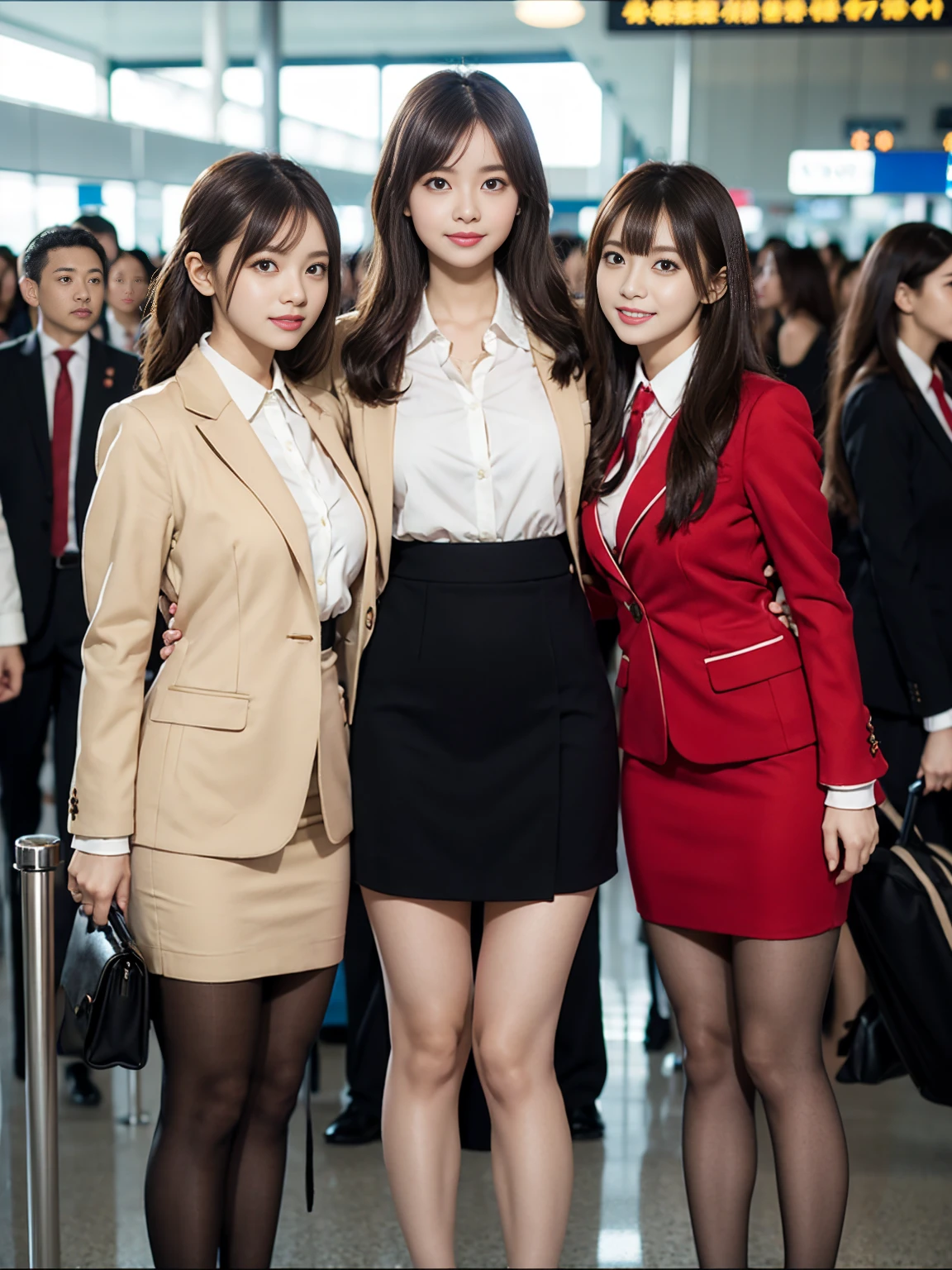 {{Mature Woman, White people}}, View your viewers, Hazel Eyes, Very detailed, Medium chest, Brown Hair, airport, 1 flight attendant, uniform, A nice red blazer, Red nice tie, Beige Skirt, Midi Skirt, Pencil Skirt,Matte black pantyhose、 Red nice high heels, Happy, 最high quality, high quality, Very detailed anime screencap, {{{{Crowded, Multiple Girls, Thousands of sisters, Millions of sisters,Billions of Sisters, clone, Doppelganger, Matching outfits, Matching hairstyle}}}}, whole body