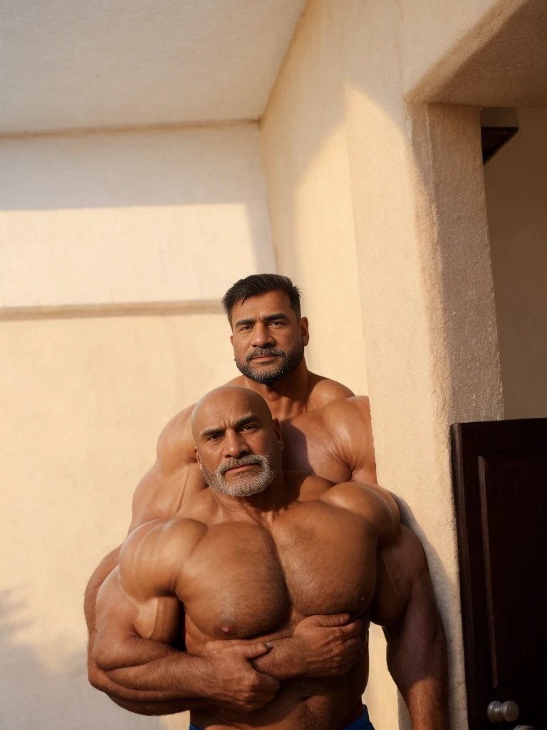 2boys, A handsome mature old indian dad with a massive beard and no shirt standing in front of a door,bald head,hyper muscular, pumped, roids, huge pecs, arms, biceps, shoulders, male focus, centered, tan skin, dom, ((size difference, hug from behind)), meticulous muscle definition, detailed face, big sexual energy, (60 years old)