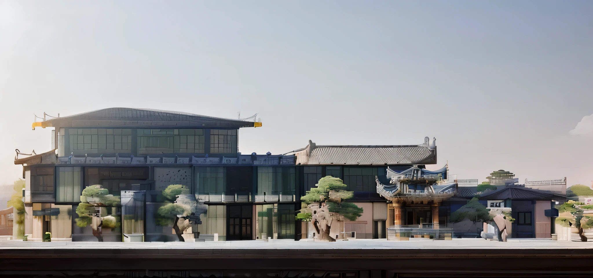 Highest quality,Chinese Ink Painting,antiquity,Urban antiquity architecture,Rectangular architecture,People view,Glass facades,Clean sky,Clean glass,Trees,Soft sunlight,Decorative Arts,Sloped roof,Best quality,Architectural Photography,Photorealism,Hyperrealism,Ultra Detailed,V-ray,(architectural design)