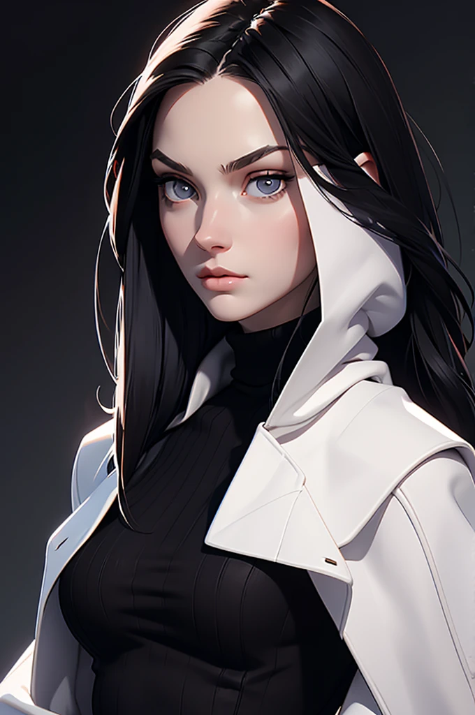 (best quality), 1girl, female, pale skin, (black hair), long hair, straight hair, grey eyes, perfect eyes, slender, tall, turtleneck sweater, stylish, elegant, serious, normal bust, masterpiece, anatomically correct, highres