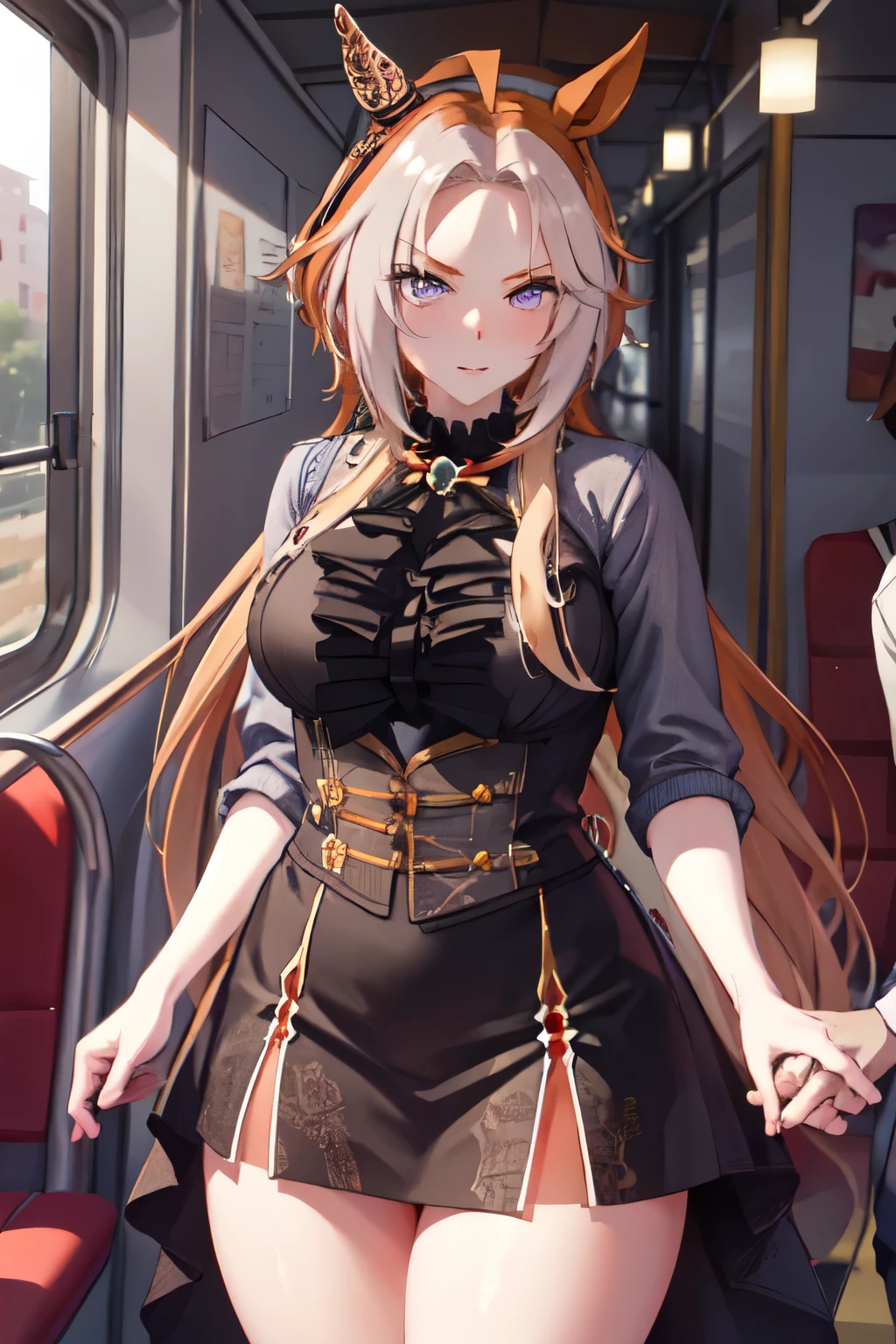 masterpiece, Highest quality, 1 person,(  Are standing, View your viewers),Detailed Background、A person who writes in detail、Accurate human body、Knowledgeable person、Accurate 5 fingers, woman,Thick thighs,Curvy body,alone, orfevre\(umamusume\),black short skirt,TranT, (train interior), netorare, chikan, grabbing, hetero, pussy juices, molestation, public indecency, public use,faceless male fingering, 2boys, faceless male, assisted exposure,