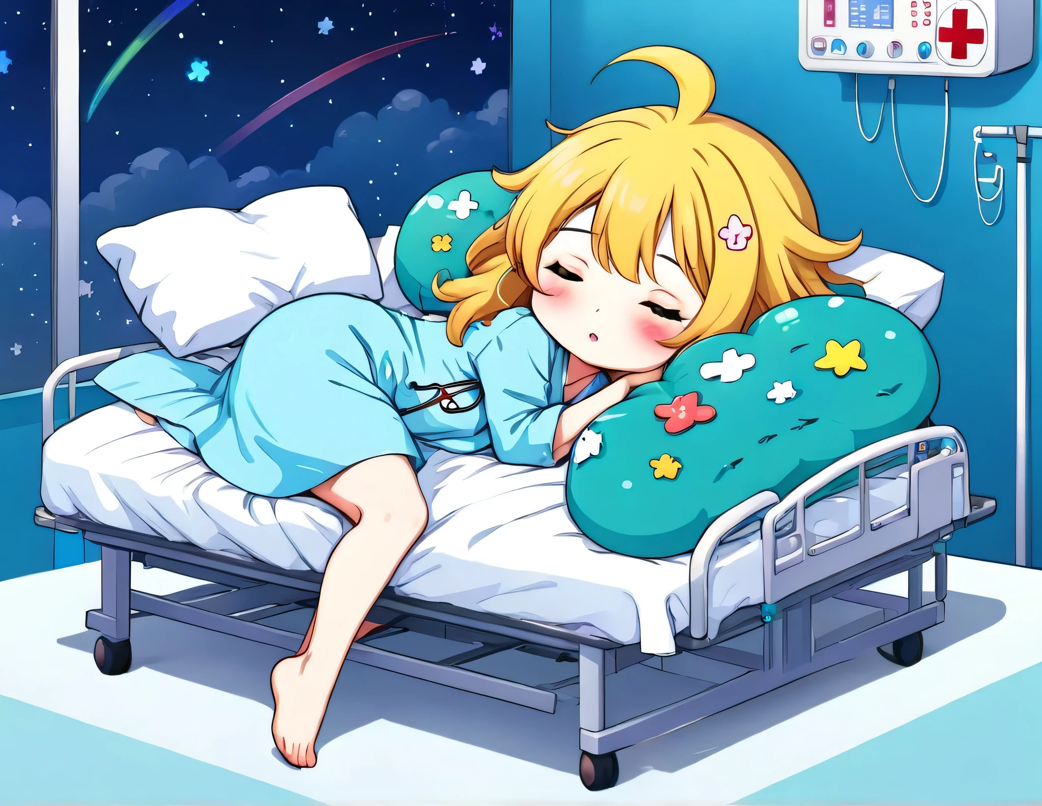 Mika Pikazo style、Kawaii Design, The most beautiful girl of all time、chibi, (((Cute and colorful amoeba))), (((sleeping))), hospital bed