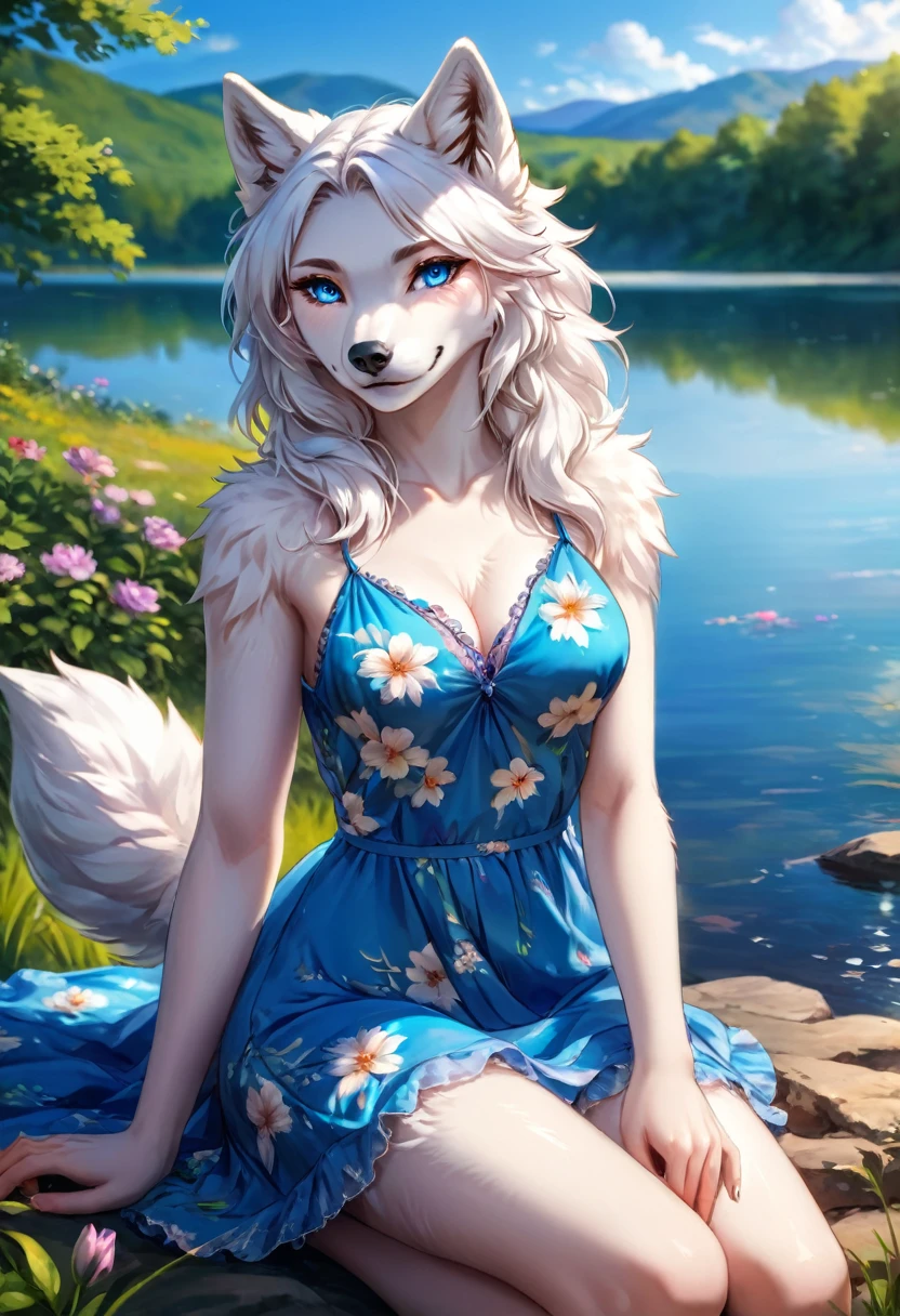 artwork (Highest Quality, 4k, masterpiece, Amazing Details:1.1), (( anthro furry white wolf female)),laying near a lake,medium breast. deep blue eyes, wearing summer dress, (full body:1.3) Shallow Depth of Field, E671, lens 50mm f/2.0, thin eyebrows, wavy short hair with flower hair ornament, (realistic white fur, detailed fur texture:1.2), ((photorealistic) (RAW Photo)), fangs, smile, sitting, paws, key visual, vibrant, studio anime, highly detailed,