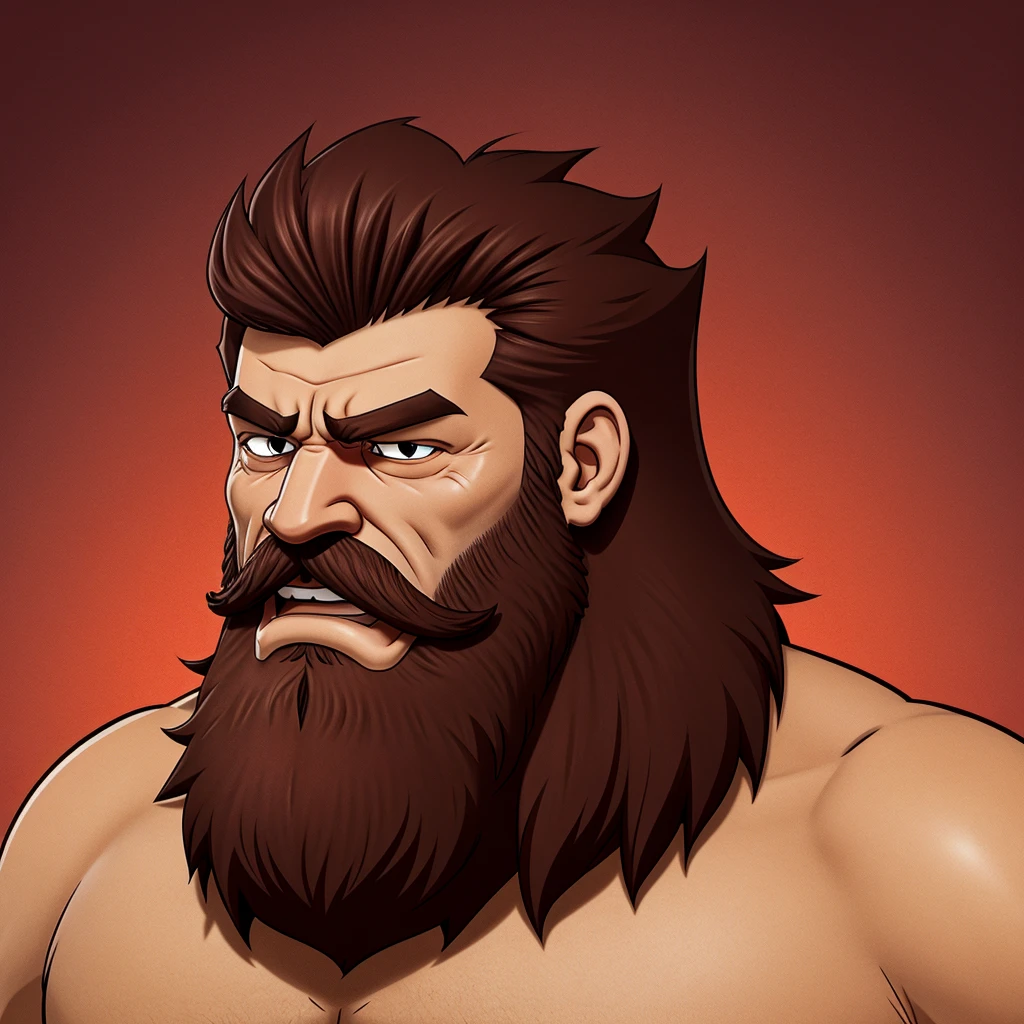 Angry man with huge DarkRed beard in Cartoon 