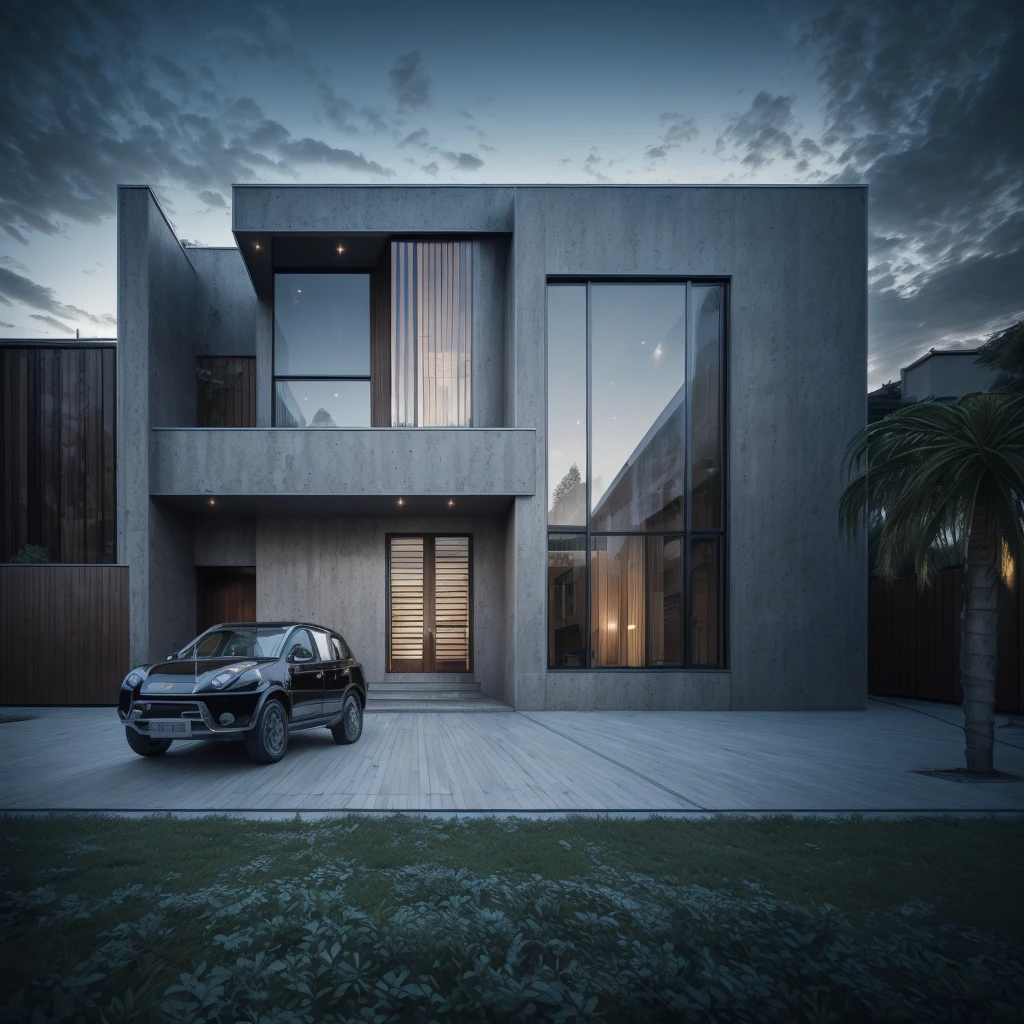 photorealistic,modern house,facade,modern,512k,high detailed,phot real, award winning, large glass window on the right side, wooden planks stacks on the upper floor on the left side, grass,plants,trees,evening,interior lights,((turkish architecture façade))
