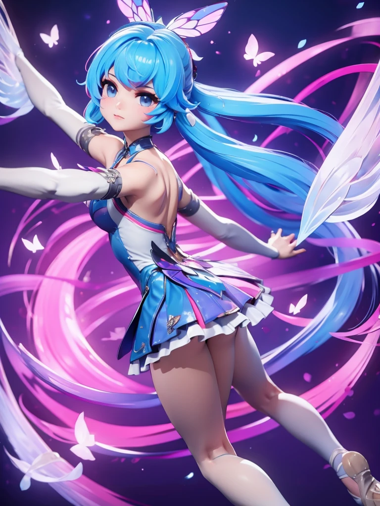 Seizo Watase style, Simple Line Initialism,Abstract art, 3d character, colorful hearts ,(((The most beautiful girl of all time))), (full body 1.2), only girl, long hair, bufferfly and sky background, 20 year old, full body, (((8k))), (((3d)), blue and pink hair, Large butterfly wings on the back, moon, ballet dance,