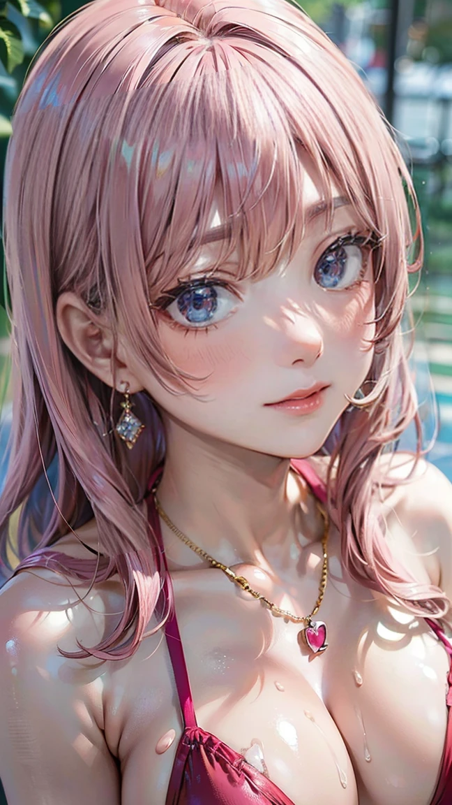 (Masterpiece, BestQuality:1.3), (ultra detailed:1.2), (hyperrealistic:1.3), (RAW photo:1.2), High detail RAW color photo, professional photograph, (Photorealistic:1.4), (realistic:1.4), (Pink Hair:1.5), professional lighting, perfect anatomy, (Big Breasts:1.2), (blush, detailed face), (A happy smile:1.7), Trending Hair&Trending Hairカラーをランダムに, earrings, necklace, bracelet, sexly, erotic sexly, Random sexy gravure poses, (A woman in a red bikini、プールでスイムリングに乗りながらA happy smileでセクシーなポーズをとっている。Pink Hairのロングヘアが水に漂っている。:1.3)