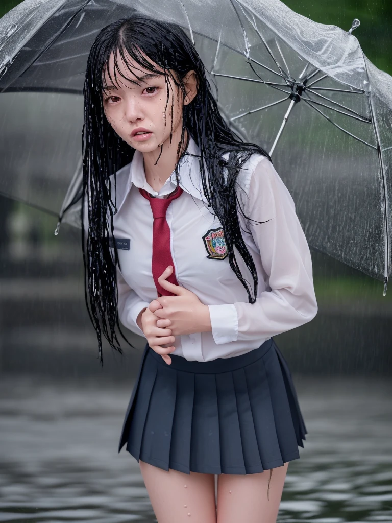 Full body photo,8K,Highest quality, masterpiece, 超High resolution, (Realistic:1.4), RAW Photos, (Real skin texture:1.3),High resolution, masterpiece,One girl, Long black hair,Schoolgirl Uniform, shy, blush, Wet, rain, transparent, (masterpiece, Highest quality), Soft Light, Structure of the film, Cinematic Light
