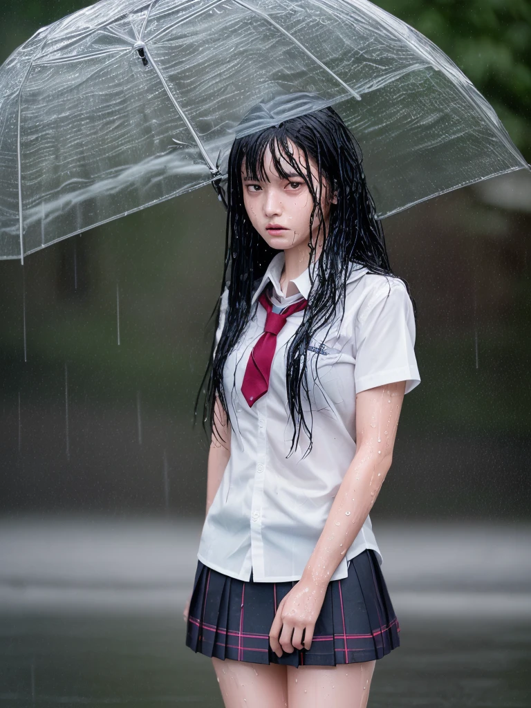 Full body photo,8K,Highest quality, masterpiece, 超High resolution, (Realistic:1.4), RAW Photos, (Real skin texture:1.3),High resolution, masterpiece,One girl, Long black hair,Schoolgirl Uniform, shy, blush, Wet, rain, transparent, (masterpiece, Highest quality), Soft Light, Structure of the film, Cinematic Light