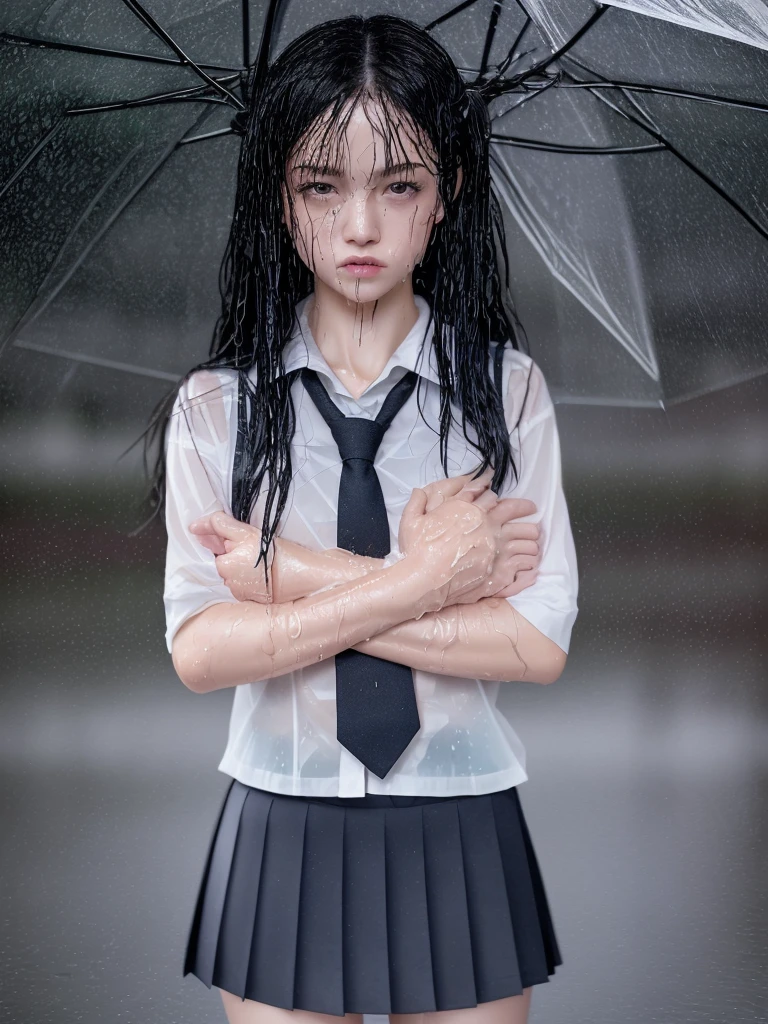 Full body photo,8K,Highest quality, masterpiece, 超High resolution, (Realistic:1.4), RAW Photos, (Real skin texture:1.3),High resolution, masterpiece,One girl, Long black hair,Schoolgirl Uniform, shy, blush, Wet, rain, transparent, (masterpiece, Highest quality), Soft Light, Structure of the film, Cinematic Light