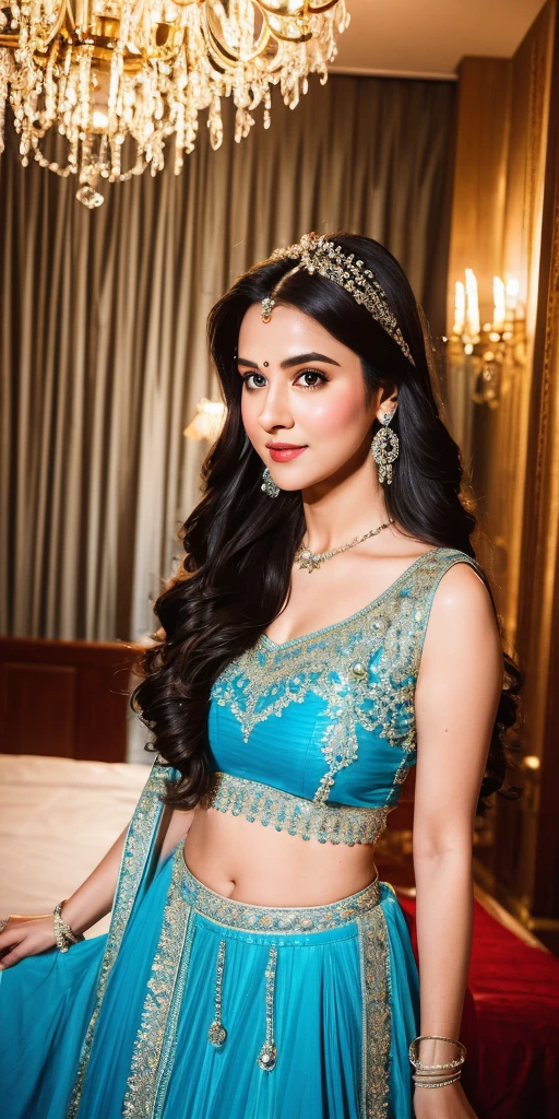 a close up of a woman in a blue dress standing in front of a chandelier, intricate sparkling atmosphere, movie screen shot, beautiful lighting effects, still shot from movie, stunning cinematography, shot from movie, beaded curtains, movie filmstill, still from a terence malik film, cinematic shot!, beautiful cinematography, visually stunning scene, glowing drapes, movie screenshot, lehenga with choli,blue transparent dupatta on head, large breasts, Big , sexy figure, sexy stomach showing, in Firstnight of marriage bedroom, realistic photo hyper realistically, high quality detailed image, DSLR camera,8k, movies sence