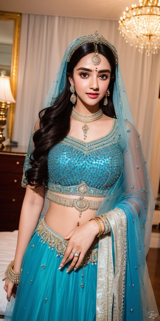 a close up of a woman in a blue dress standing in front of a chandelier, intricate sparkling atmosphere, movie screen shot, beautiful lighting effects, still shot from movie, stunning cinematography, shot from movie, beaded curtains, movie filmstill, still from a terence malik film, cinematic shot!, beautiful cinematography, visually stunning scene, glowing drapes, movie screenshot, lehenga with choli,blue transparent dupatta on head, large breasts, Big , sexy figure, sexy stomach showing, in Firstnight of marriage bedroom, realistic photo hyper realistically, high quality detailed image, DSLR camera,8k, movies sence