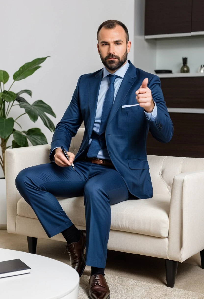RAW photo, full body, 35 year old man, ((dressed as lab Sales Manager)), sitting on the guest sofa, looking towards the viewer, wearing shoes, straight forward position, in front of the point of view, Holding a pen in hand, pointing out an idea,