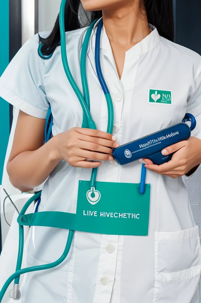 A logo of Shri Nigam Modern Homoeo Clinic with the motto of "Live Healthy, Choose Homoeopathy", with green, blue and white colours and stethoscope.