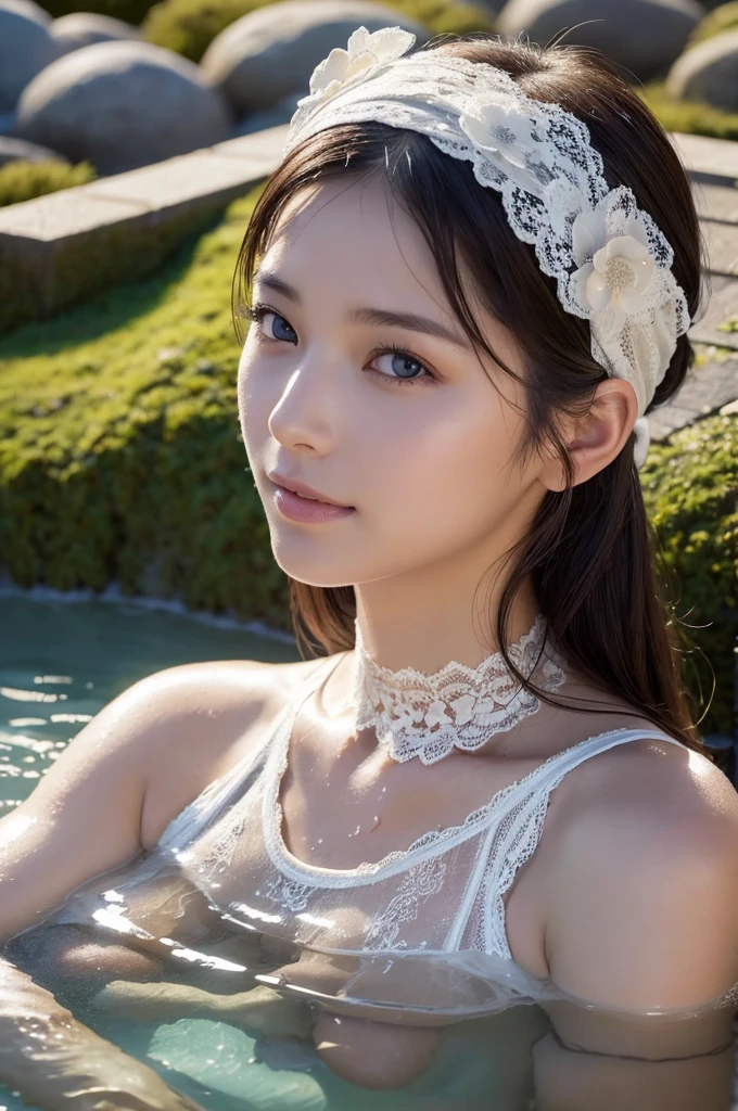 Highest quality, masterpiece, Ultra-high resolution, Supermodels bathing in Japanese hot springs, Outdoor hot spring, Stone hot spring, Moss and tree々Surrounded by, Super beautiful face, Pure Body, I can see my pores, (smile:0.8), Wearing split (lace headband:1.2), (realism:1.5), Original photo, Soaking wet, Sweaty, Bare shoulders, In the Dark, Deep Shadow, Low Key, Cold Light