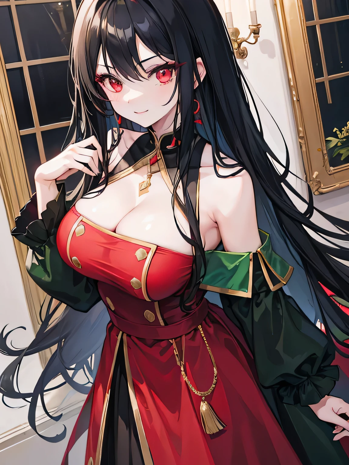 girl, red eyes, long curry wavy black hair. wear green black uniform, arrogant, independent woman, kind smile. background in luxury mansion. she is noble
