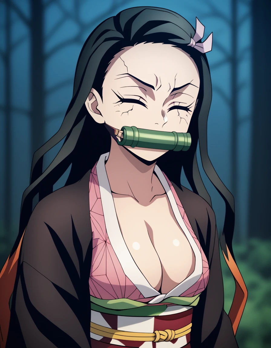 score_7_up, BREAK source_anime,anime screencap, dnezukoxlv4, 1girl, solo, bit gag, gag, japanese clothes, kimono, pink kimono, upper body, li_, smile, closed eyes, forest, flat chest,