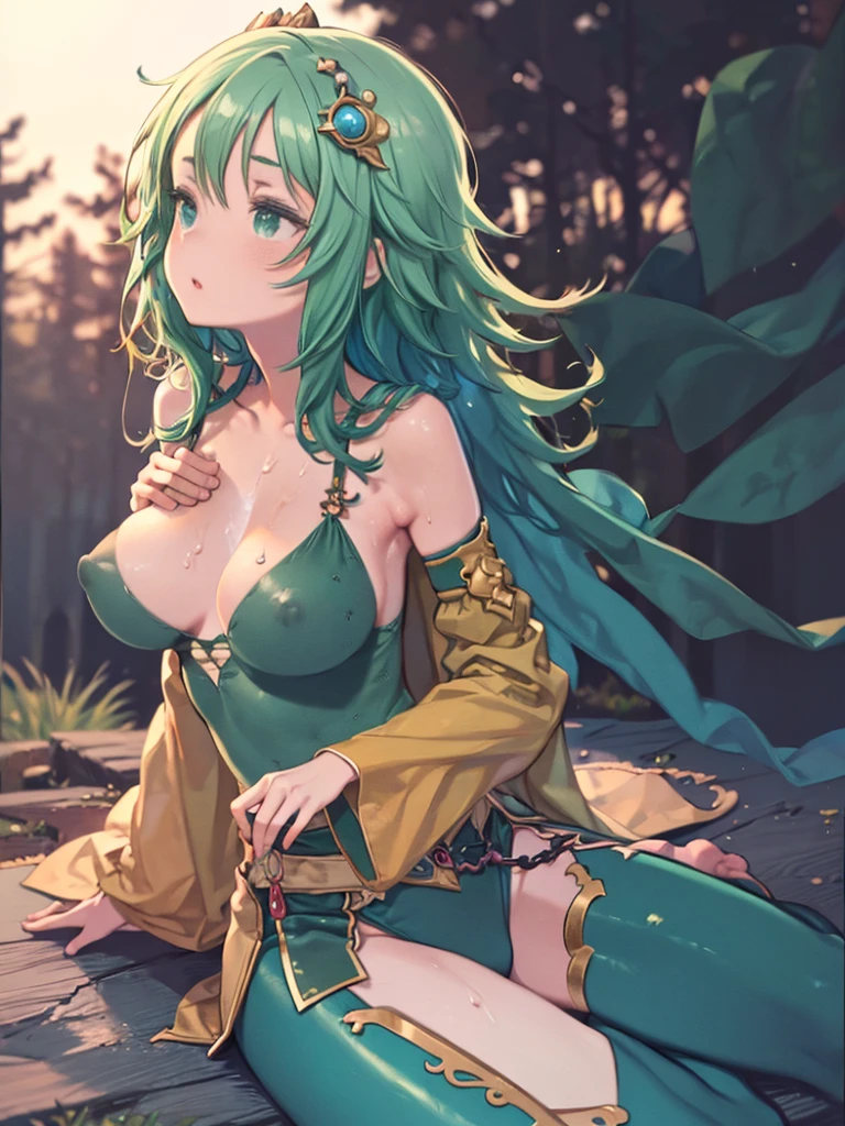masterpiece, Highest quality, One girl, ((Lydia)), 17yo, cute, cute, (((Large areola))), Beautiful Face, Beautiful Hair, (((Medium saggy breasts))), (((Saggy breasts))), ((((Let go of my chest))), (Puffy nipples), (Erect nipples), (The body is slim), (((cute目))), ((Shiny body)), Beautiful Skin, (((Very humid、Sweat))), (((Shiny skin))), Green Cape, hair ornaments, Green leotard, belt, Removable sleeves, Thigh-high boots, Cowboy Shot, Sitting, From the side, look up, null, night, performer, forest