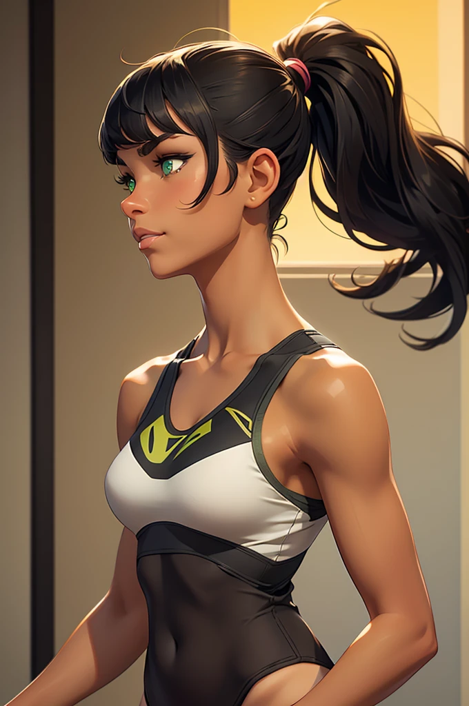 (best quality), 1girl, female, bronze skin, black hair, high ponytail, side swept bangs, long hair, green eyes, perfect eyes, tan lines, athletic, smug, masterpiece, anatomically correct, highres
