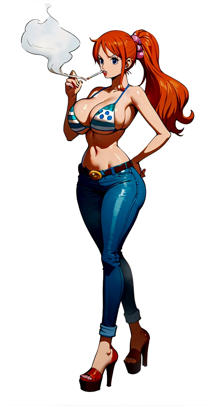 a cartoon picture of a woman in a bikini top and jeans, nami one piece, nami from one piece, nami, beautiful portrait of nami, from one piece, oppai, blue eyes, smoking, ponytail