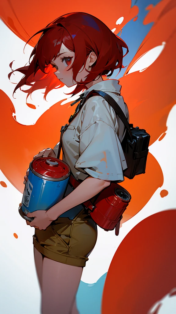 Girl with short reddish red hair holding a can of paint 