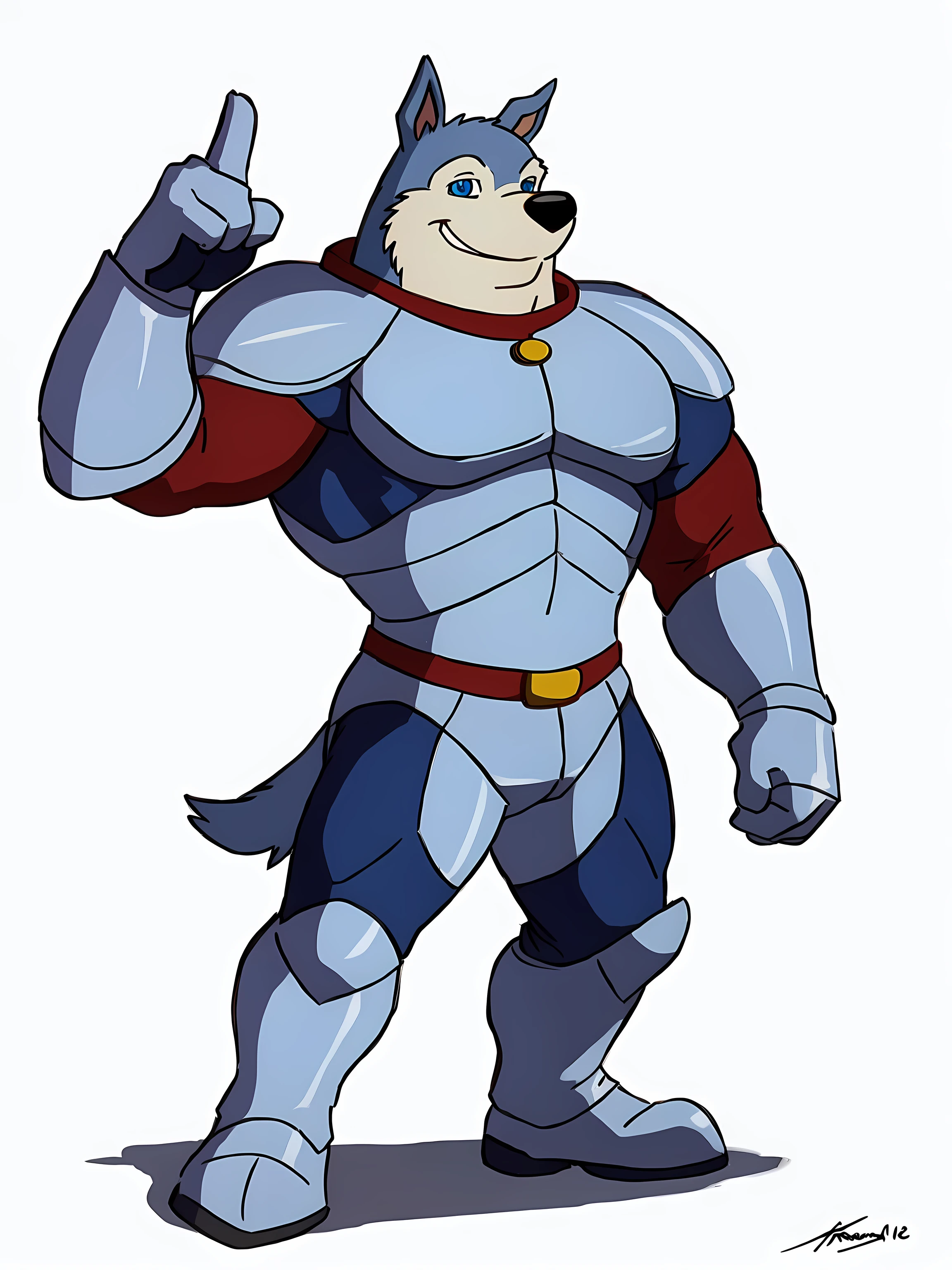 Exile (Road Rovers), blue fur, white fur, anthro, pointy ears, dog, solo, full body, muscular, pectorals, red dog collar, pet tag coin, smile, high quality, best resolution, cel shaded, (blue eyes, detailed eyes):1.1, silver uniform, silver armor, silver gloves, silver boots, red belt, white background, no background, standing, looking at camera, by wfa, by rossciaco, by taran fiddler