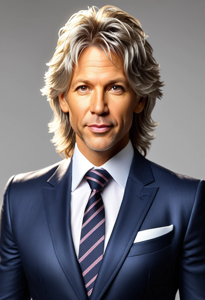 A man called Lineker, 45 years old, with light hair and brown eyes, whose face resembles singer Jon Bon Jovi. He's facing the camera, looking directly at her, wearing an elegant suit with tie, leaving your office. Its appearance is distinctive and attractive, conveying charisma and maturity.