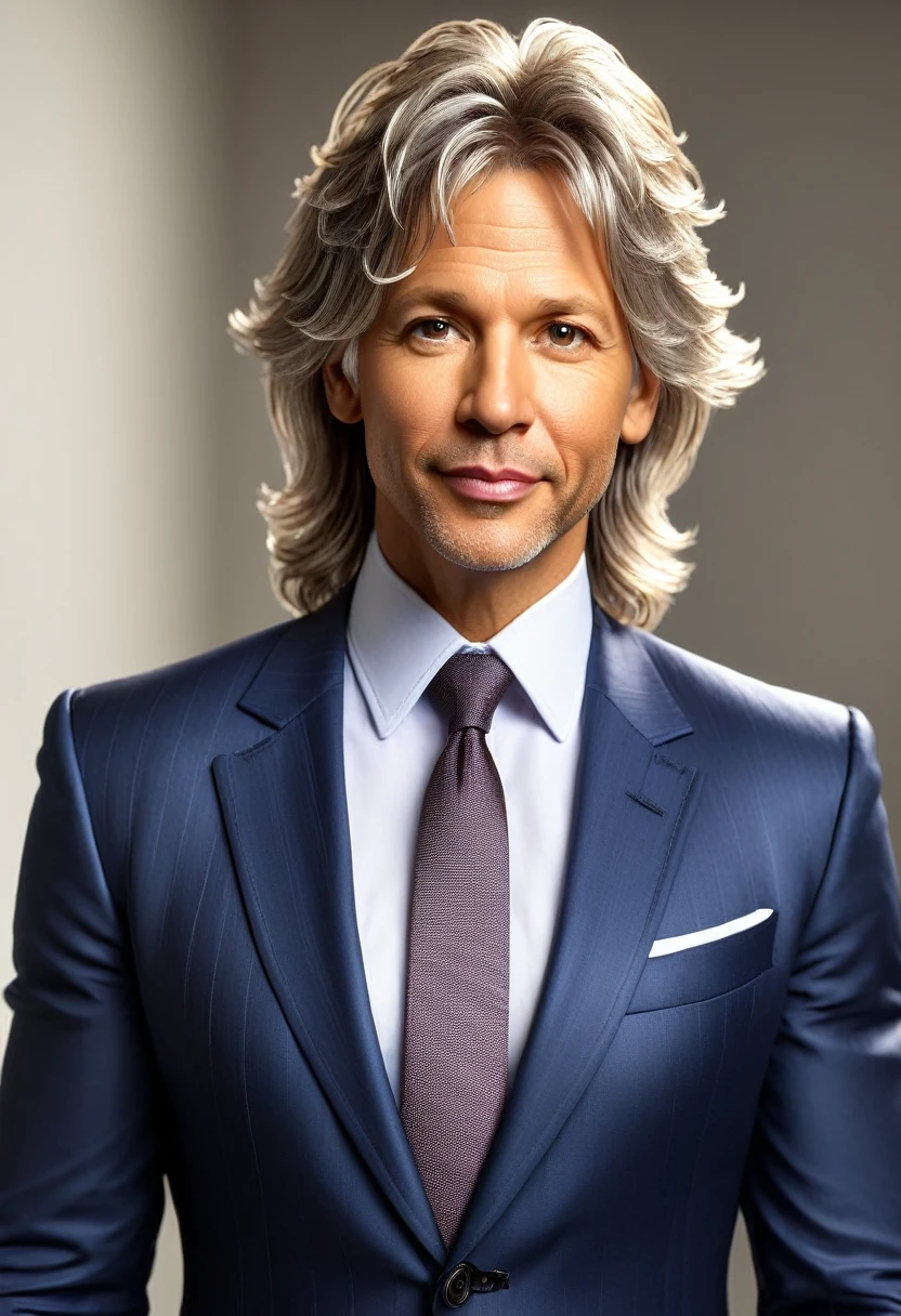 A man called Lineker, 45 years old, with light hair and brown eyes, whose face resembles singer Jon Bon Jovi. He's facing the camera, looking directly at her, wearing an elegant suit with tie, leaving your office. Its appearance is distinctive and attractive, conveying charisma and maturity.