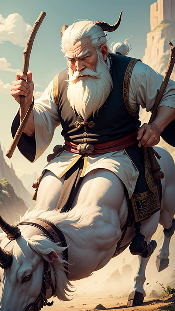 Ancient Chinese thinker, an old man with a long white beard, riding a skinny ox with horns, holding a thin stick in his hand, Ghibli anime style