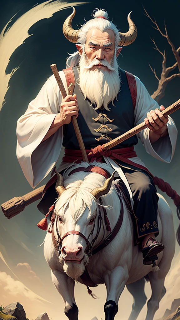 Ancient Chinese thinker, an old man with a long white beard, riding a skinny ox with horns, holding a thin stick in his hand, Ghibli anime style