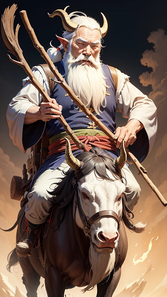 Ancient Chinese thinker, an old man with a long white beard, riding a skinny ox with horns, holding a thin stick in his hand, Ghibli anime style