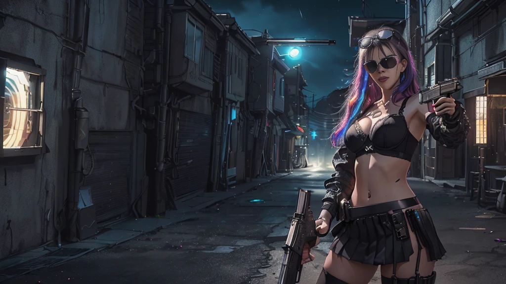(Realistic:1.4) cyberpunk girl images, (highest quality, 8k, 32k, masterpiece) , (Dynamic pose), ((Front camera)), Cowboy Shot, Shapeless hair, Multicolored Hair, Colorful cyberpunk combat armor, Depth of written interface f/1.8, high angle view of Cyberpunk city (((((at night))))) as background. (((1girl, solo))), photo realistic, (medium-breast slim body, cleavage), (((full bra top, extreamly short pleated (((miniskirt))) exposing panty))), (((((matrix style black sunglasses))))), (((((((aiming at viewer with a (pistol), (looking at camera)))))))), (((((half-body (thigh level) medium shot))))), (cinematic lighting).