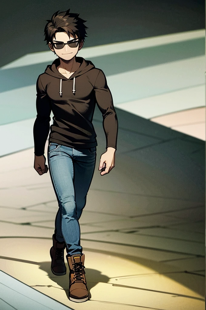 ((illustration)), (best quality)), ((masterpiece)), (detailed), ((front view)) comic cover, teenage, boy, dark hair, brown eyes, muscular, black shirt, hoodie, jeans, combat boots, sunglass, smirking,