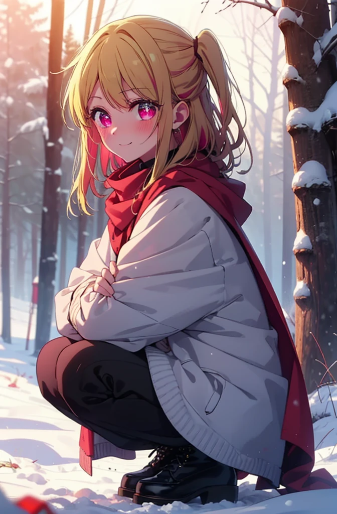 rubyhoshino, Hoshino Ruby, Long Hair, bangs, Blonde, (Pink Eyes:1.3), Side Lock, (Symbol-shaped pupil:1.5), Multicolored Hair, Two-tone hair, smile,,smile,blush,White Breath,
Open your mouth,snow,Ground bonfire, Outdoor, boots, snowing, From the side, wood, suitcase, Cape, Blurred, , forest, White handbag, nature, Squat, Mouth closed, Cape, winter, Written boundary depth, Black shoes, red Cape break looking at viewer, Upper Body, whole body, break Outdoor, forest, nature, break (masterpiece:1.2), Highest quality, High resolution, unity 8k wallpaper, (shape:0.8), (Beautiful and beautiful eyes:1.6), Highly detailed face, Perfect lighting, Highly detailed CG, (Perfect hands, Perfect Anatomy),