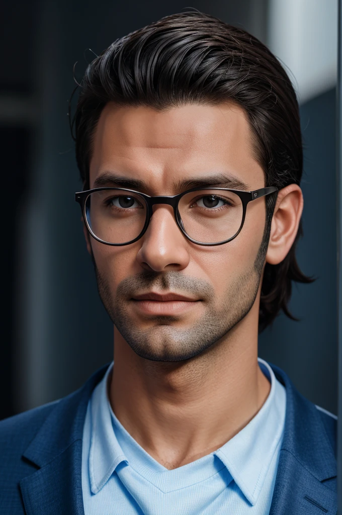 arafed man with glasses and a blue upper jacket with white inside it posing for a picture, high quality portrait, epic and classy portrait, mid shot portrait, 8k portrait render, portrait shot 8 k, highly detailed vfx portrait, realistic portrait photo, soft portrait shot 8 k, character headshot portrait, realistic studio portrait, headshot portrait, dramatic portraiture of uuen, halfbody headshot
