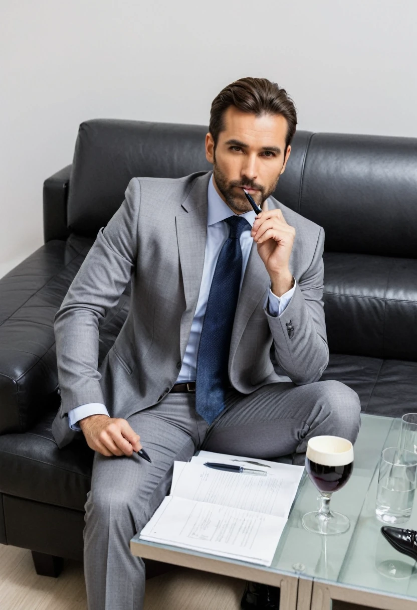 RAW photo, full body, 35-year-old man, ((dressed as lab Sales Manager)), sitting on the guest sofa, looking towards the viewer, wearing shoes, straight forward position, in front of point of view, holding a pen in hand, pointing out an idea, neat hair,