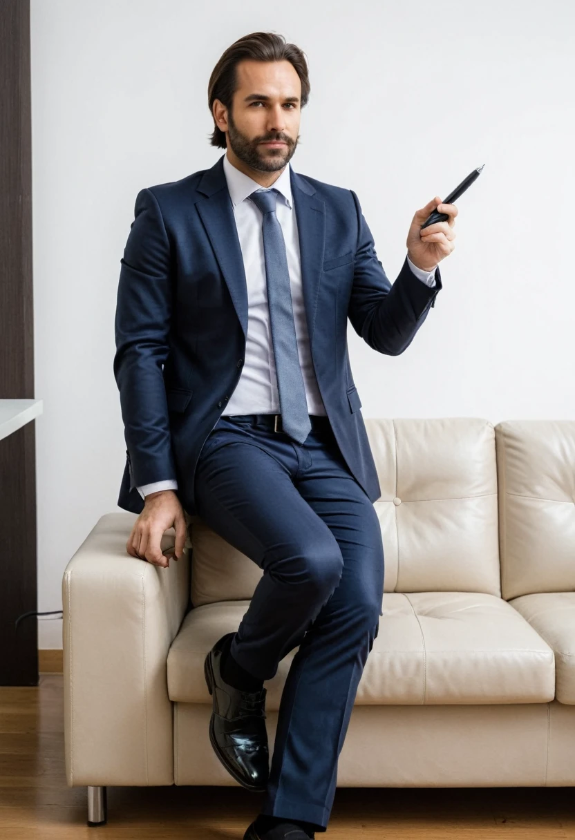 RAW photo, full body, 35-year-old man, ((dressed as lab Sales Manager)), sitting on the guest sofa, looking towards the viewer, wearing shoes, straight forward position, in front of point of view, holding a pen in hand, pointing out an idea, neat hair,