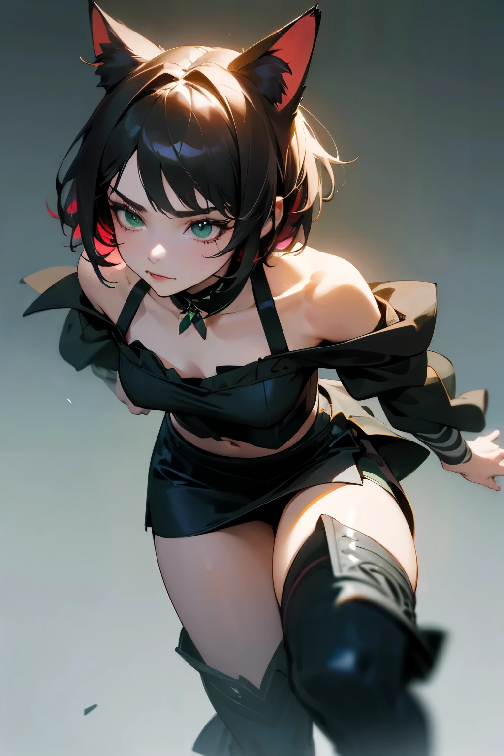 a woman with shoulder length short hair, ombre hair color fading from black to green, wearing a black off-shoulder top with open slits and a green top underneath, a black skirt, and boots, with green eyes and cat ears, (best quality,4k,8k,highres,masterpiece:1.2),ultra-detailed,(realistic,photorealistic,photo-realistic:1.37),portrait, highly detailed, intricate, beautiful, elegant, dramatic lighting, vibrant colors, dynamic pose