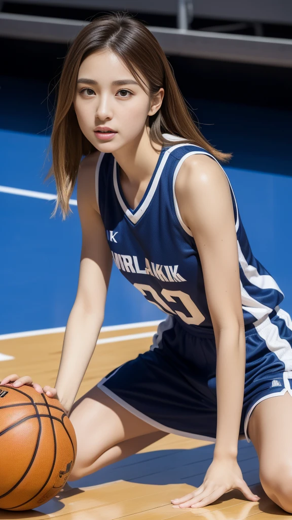 ((Top Quality, 8k, Masterpiece: 1.3)), (kneeling on the floor, open legs :1.2), Perfect Body Beauty: 1.4, large_breasts, Beautiful Woman, 1 Woman, Big: 1.4, Slender Figure: 1.1, Toned Abs, Dark Brown Hair, (basketball, Wet Body, basketball Uniform: 1.1), Ultra Detailed Face, Detailed Lips, Detailed Eyes, Double Eyelids, wide-eyed eyes, clear sky, basketball_stadium, basketball field,