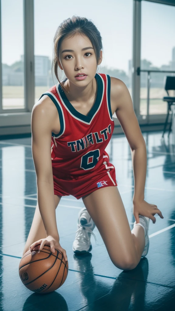 ((Top Quality, 8k, Masterpiece: 1.3)), (kneeling on the floor, open legs :1.2), Perfect Body Beauty: 1.4, large_breasts, Beautiful Woman, 1 Woman, Big: 1.4, Slender Figure: 1.1, Toned Abs, Dark Brown Hair, (basketball, Wet Body, basketball Uniform: 1.1), Ultra Detailed Face, Detailed Lips, Detailed Eyes, Double Eyelids, wide-eyed eyes, clear sky, basketball_stadium, basketball field,