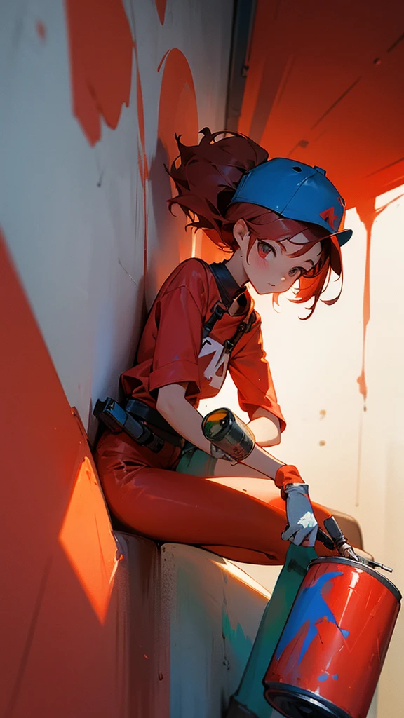 Girl with short reddish red hair holding a can of spray paint